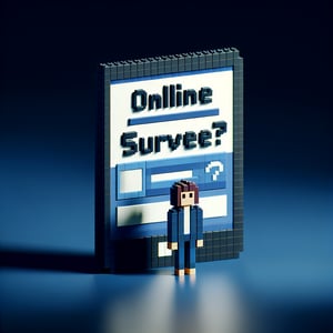 3D voxel artwork depicting the concept of online media use surveys on a dark blue background.