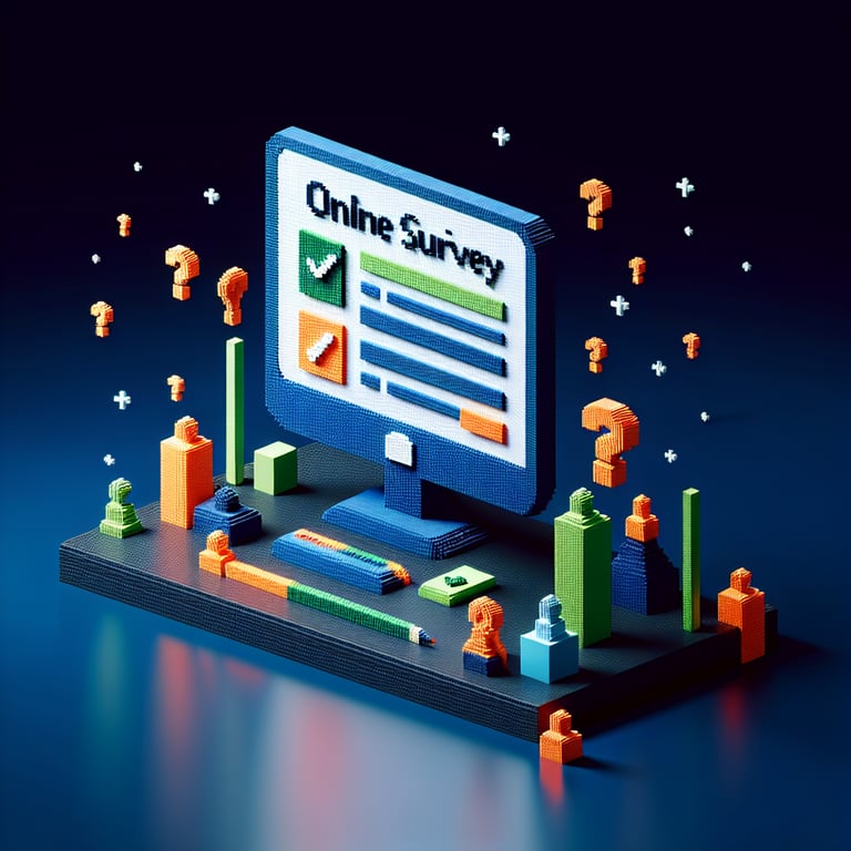 3D voxel art depicting online surveys on a dark blue background, representing new system survey samples.