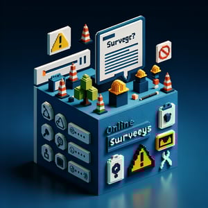 3D voxel art depicting online workplace safety survey concept on a dark blue background.