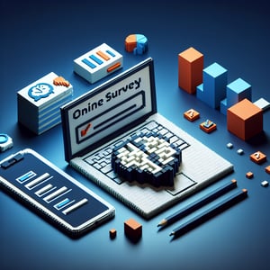 3D voxel art depicting online mental health survey process on a dark blue background.