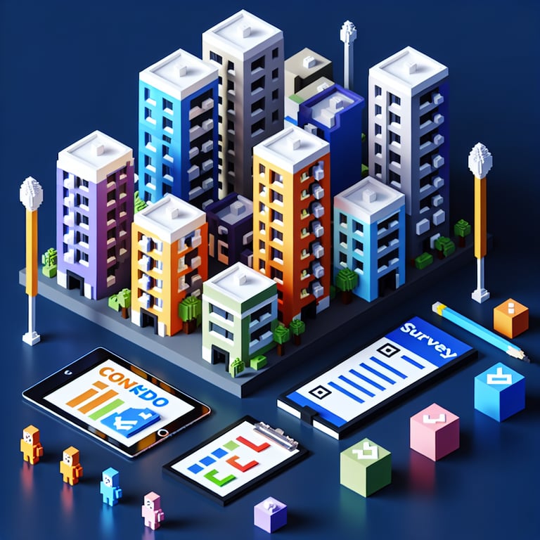 3D voxel art depicting online condo survey concept on a dark blue background.