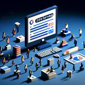 3D voxel art depicting online surveys with a dark blue background, suitable for event survey examples.