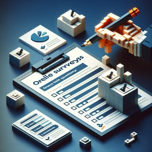 3D voxel art depicting online skill survey process, with a dark blue background.