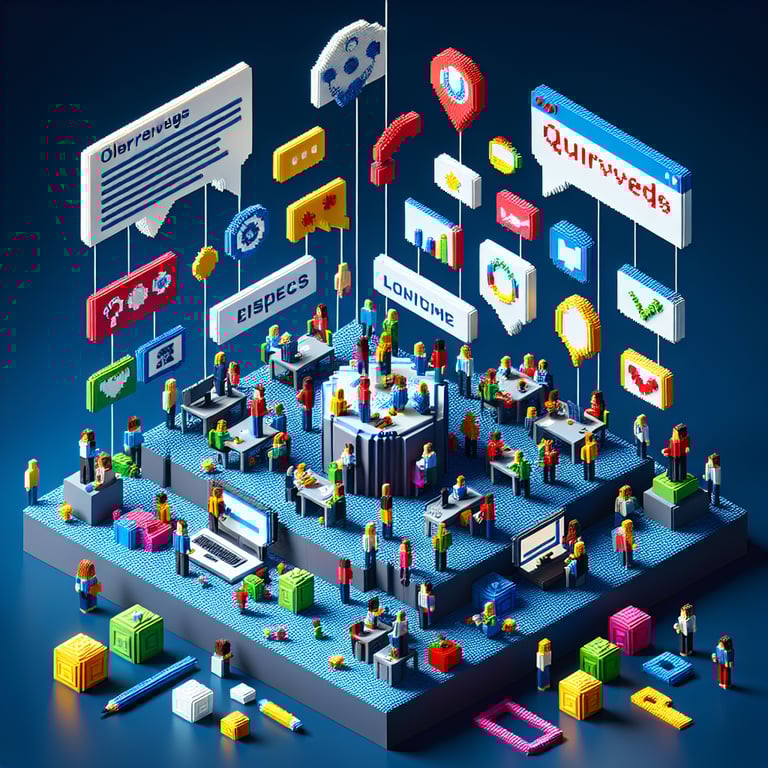 3D voxel art depicting online logistical culture survey process on a dark blue background.