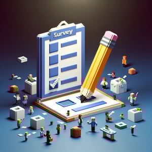 3D voxel art depicting the concept of humorous yearbook surveys on a dark blue background.
