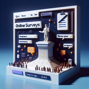 3D voxel art depicting online surveys on racism, set against a dark blue background.