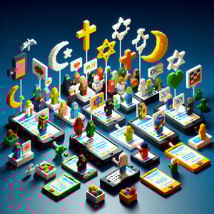 3D voxel art of online survey on religious affiliation with dark blue background.