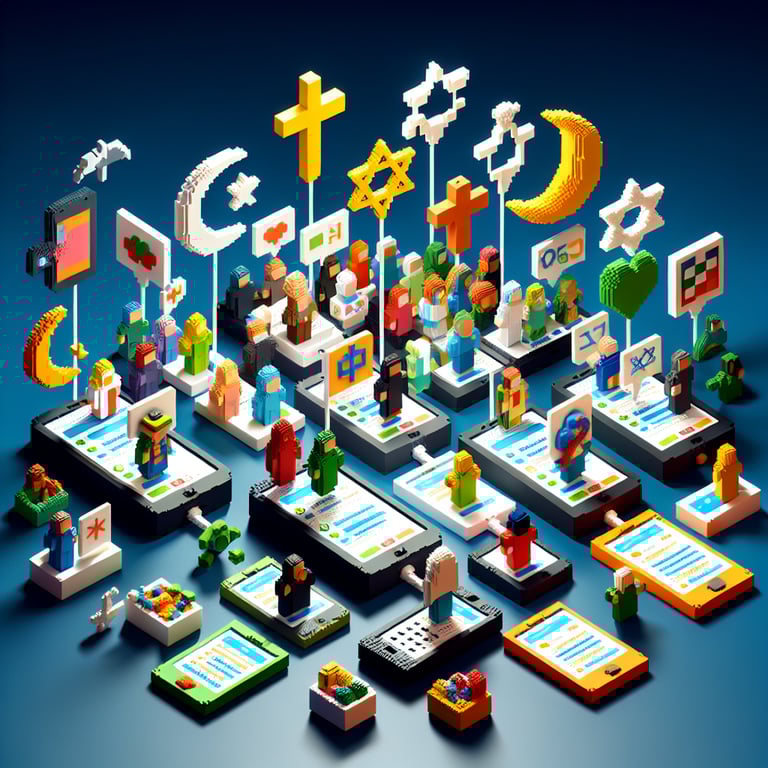 Artistic 3D voxel art representing a faith affiliation survey interface