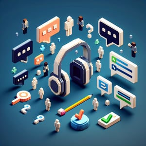 3D voxel art illustrating online communication skills survey with a dark blue background.