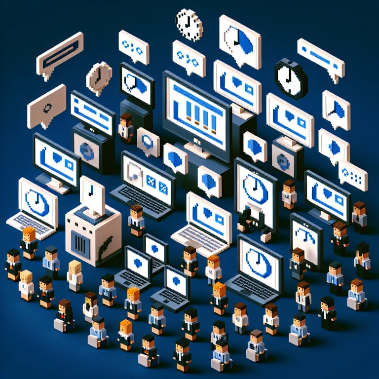 3D voxel art illustrating the concept of online survey completion time for degree programs on a dark blue background.
