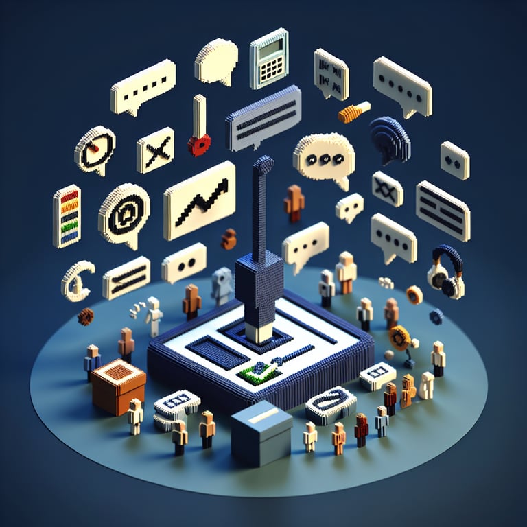 3D voxel art depicting online communication preference survey concept on a dark blue background.
