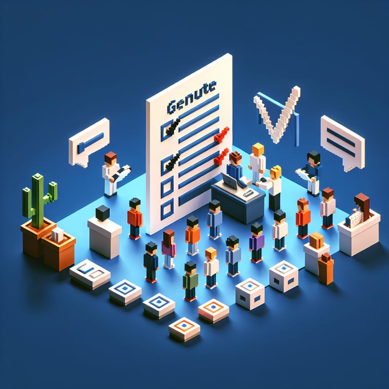 3D voxel art depicting the concept of engaging online surveys, set against a dark blue background.