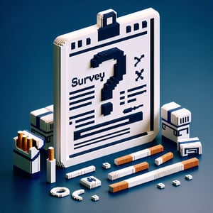 3D voxel art depicting online survey process related to cigarette purchases on a dark blue background.