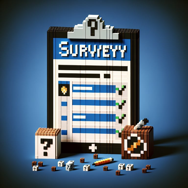 3D voxel art illustrating online survey concept, specifically for police officers, on a dark blue background.