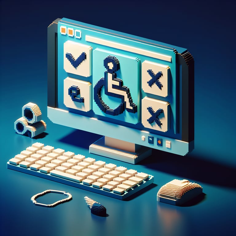 3D voxel art depicting the concept of online disability survey questions on a dark blue background.