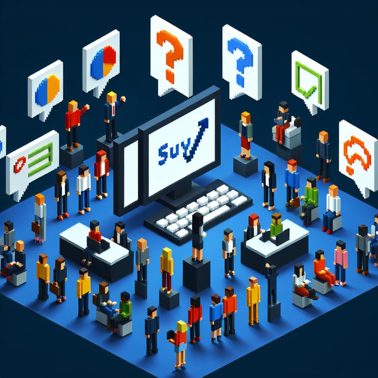3D voxel art depicting online surveys, symbolizing workplace communication survey questions on a dark blue background.