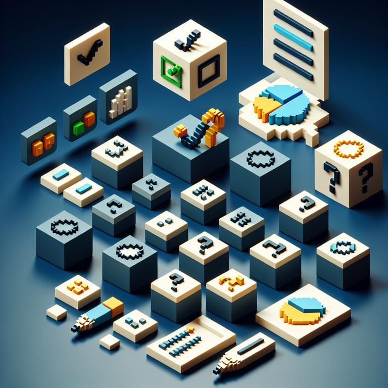 3D voxel art depicting the concept of online customer surveys on a dark blue background.