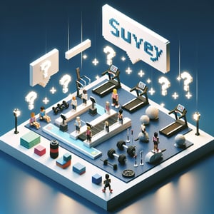 3D voxel art depicting online gym survey concept on a dark blue background.