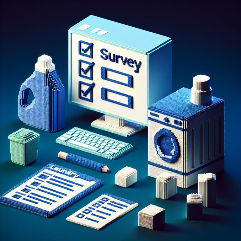 3D voxel art depicting an online survey concept, themed around laundry detergent, on a dark blue background.