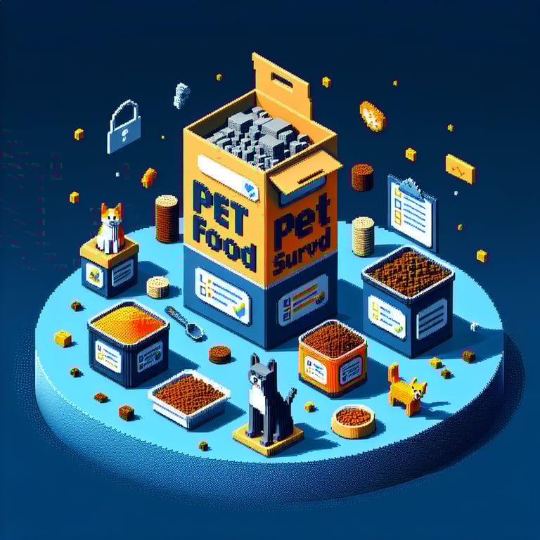 3D voxel art depicting online pet food surveys with a dark blue background.