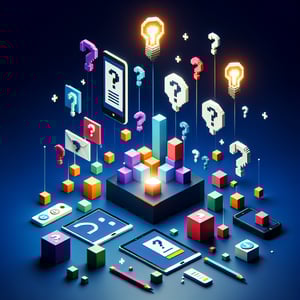 3D voxel art depicting online innovation survey process on a dark blue background.