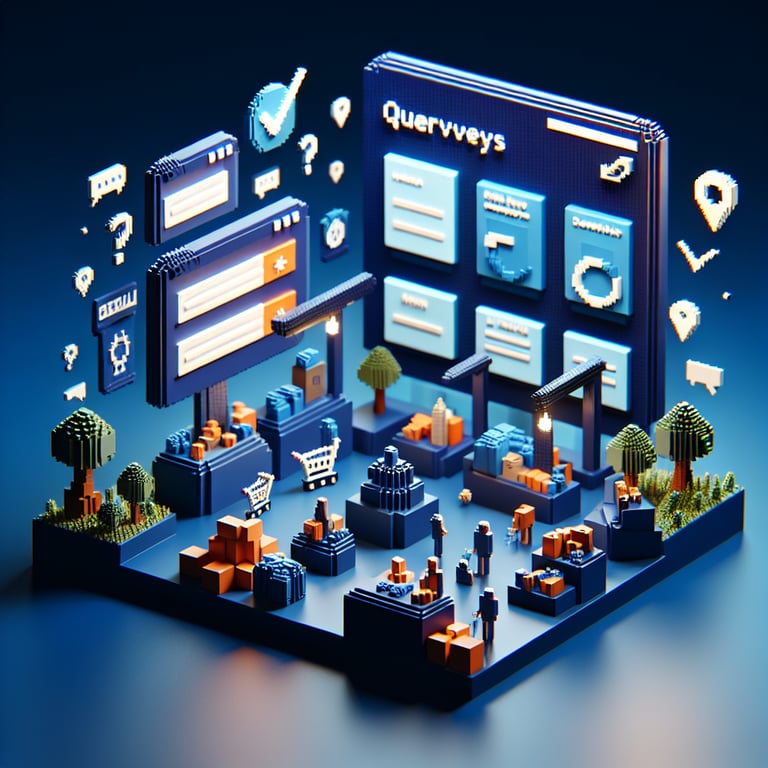 3D voxel art depicting online retail marketing surveys on a dark blue background.