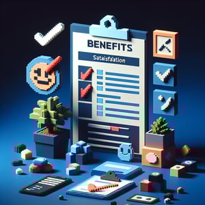 3D voxel art depicting online benefits satisfaction survey process on a dark blue background.