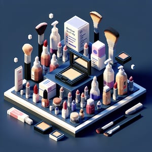 3D voxel art depicting online cosmetics survey with a dark blue background.