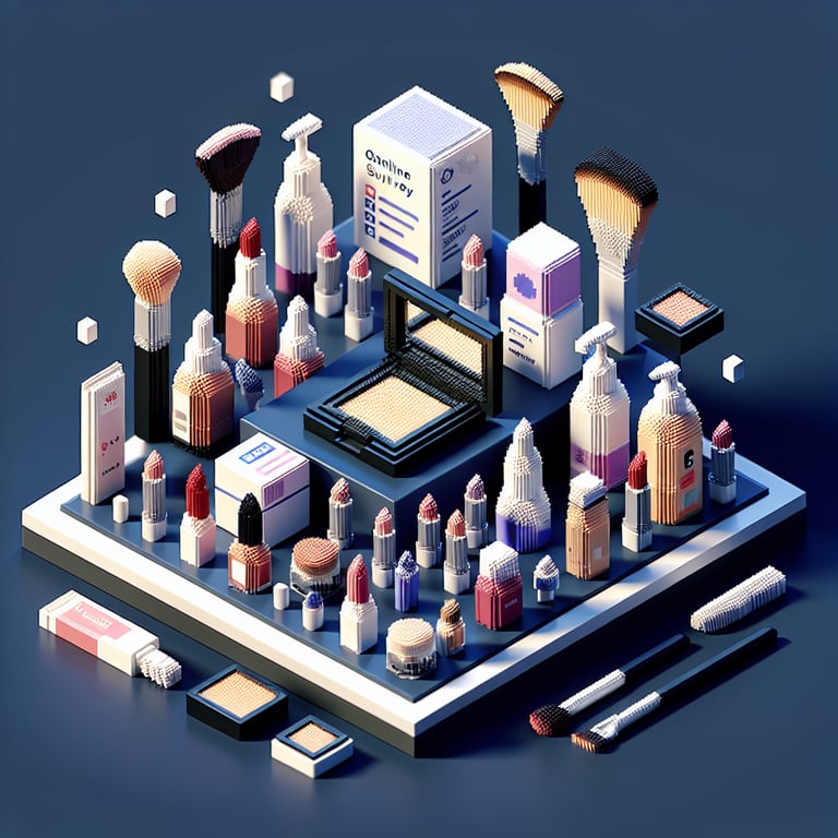 3D voxel art depicting online cosmetics survey with a dark blue background.