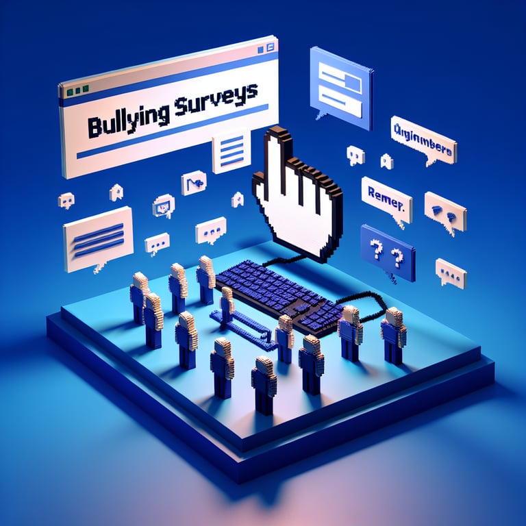 3D voxel art presenting online bullying survey concept on a dark blue background.