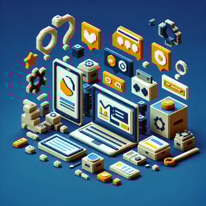 3D voxel art representing online surveys and questions on a dark blue background, devoid of text or logos.