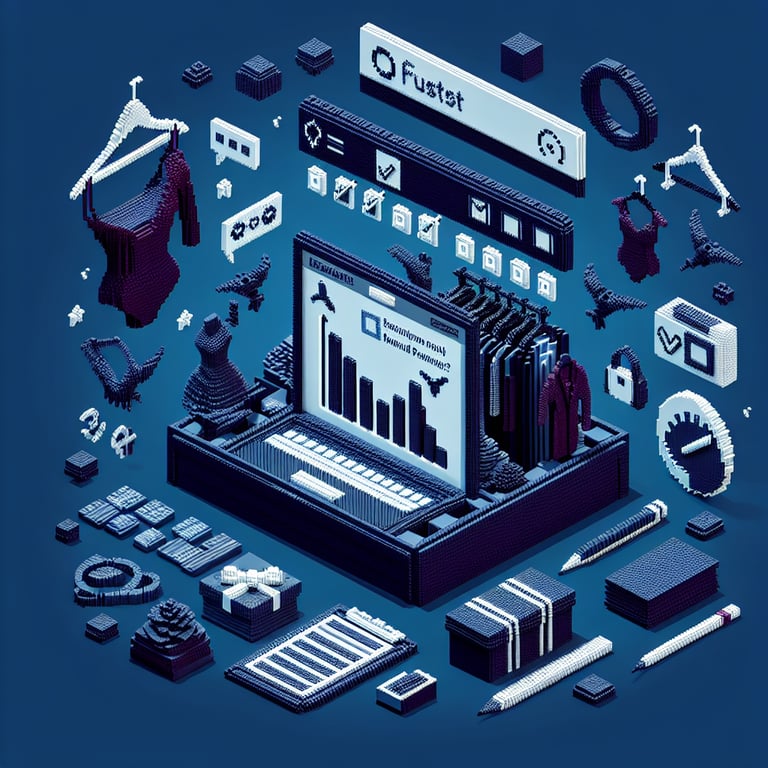 3D voxel art depicting online fast fashion surveys on a dark blue background.