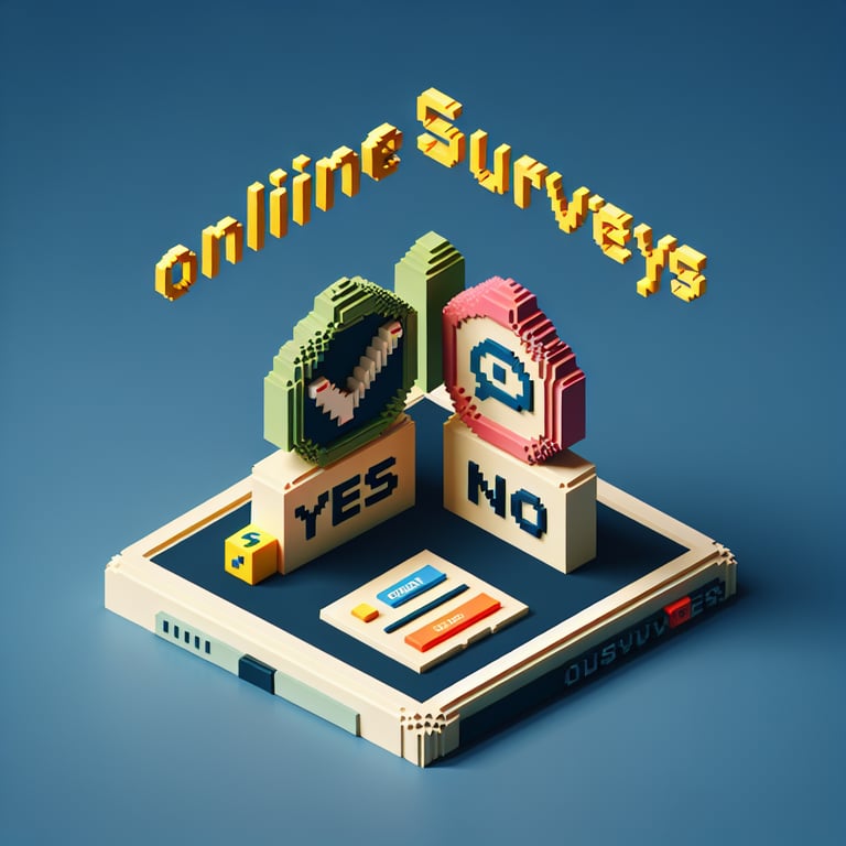 3D voxel art depicting an online yes or no customer service survey on a dark blue background.