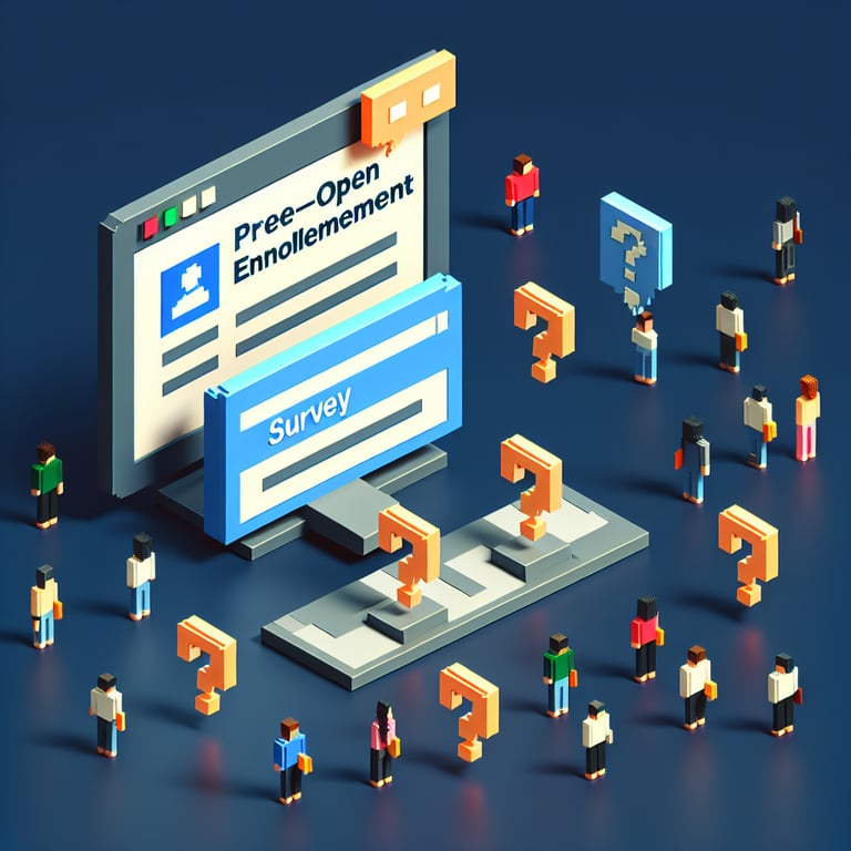 3D voxel art depicting online surveys concept on a dark blue background for pre open enrollment.