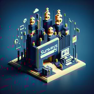 3D voxel art depicting online surveys on a dark blue background, symbolizing income example survey questions.