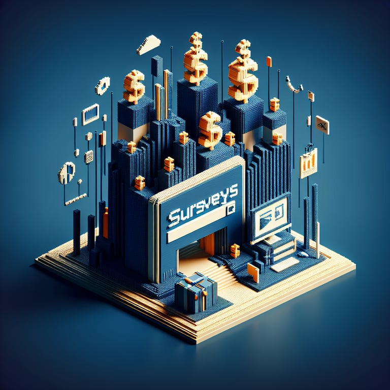 3D voxel art depicting online surveys on a dark blue background, symbolizing income example survey questions.