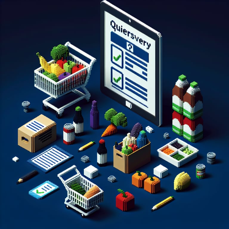 3D voxel art depicting online grocery store surveys on a dark blue background.