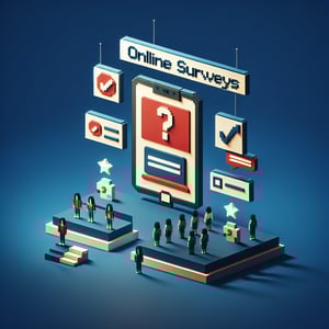 3D voxel art depicting online stereotype surveys on a dark blue background.