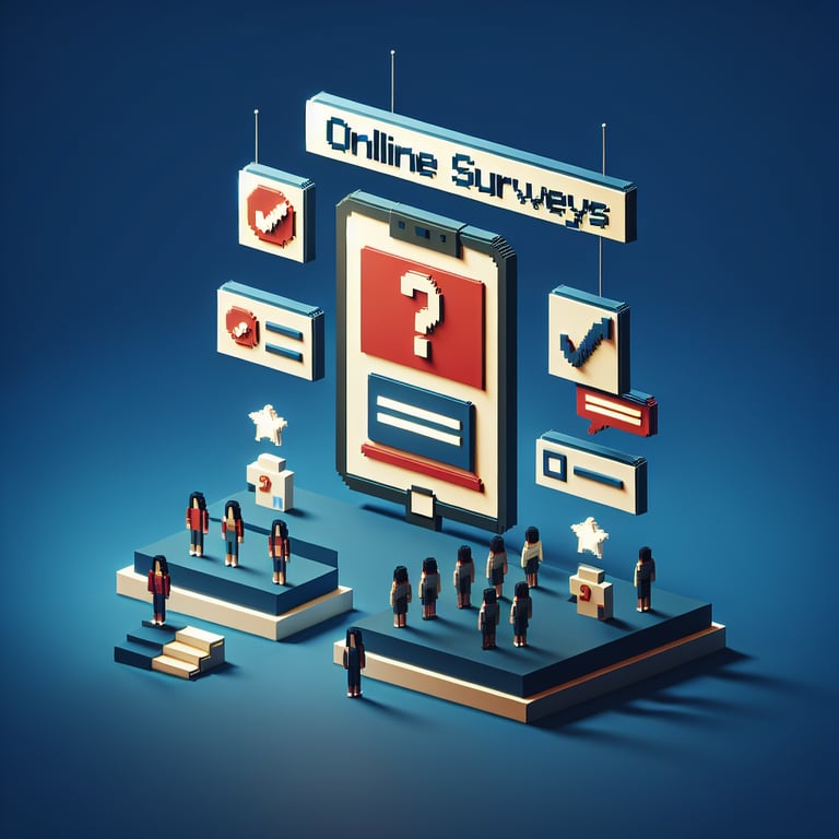 3D voxel art depicting online stereotype surveys on a dark blue background.