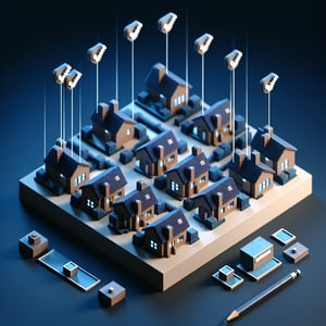 3D voxel art depicting the concept of online residential surveys on a dark blue background.