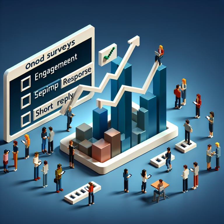 3D voxel art depicting online surveys, set against a dark blue background for a lean startup theme.