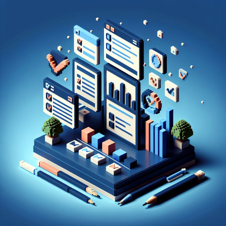 3D voxel art depicting the concept of online research surveys, set against a dark blue background.