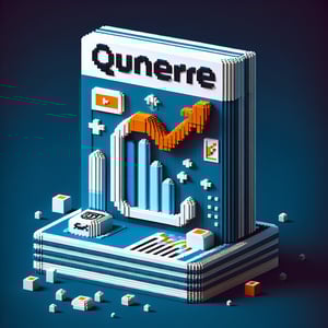 3D voxel art depicting online magazine reader surveys on a dark blue background.