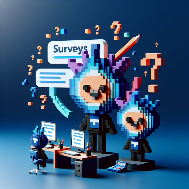 Creative 3D voxel mascot icon with survey clipboard on dark navy backdrop