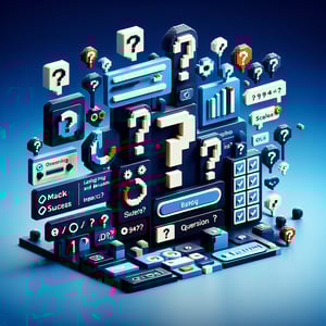 3D voxel art depicting online surveys with a dark blue background, symbolizing impact and success.