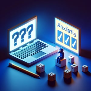 3D voxel art depicting online anxiety survey concept on a dark blue background.