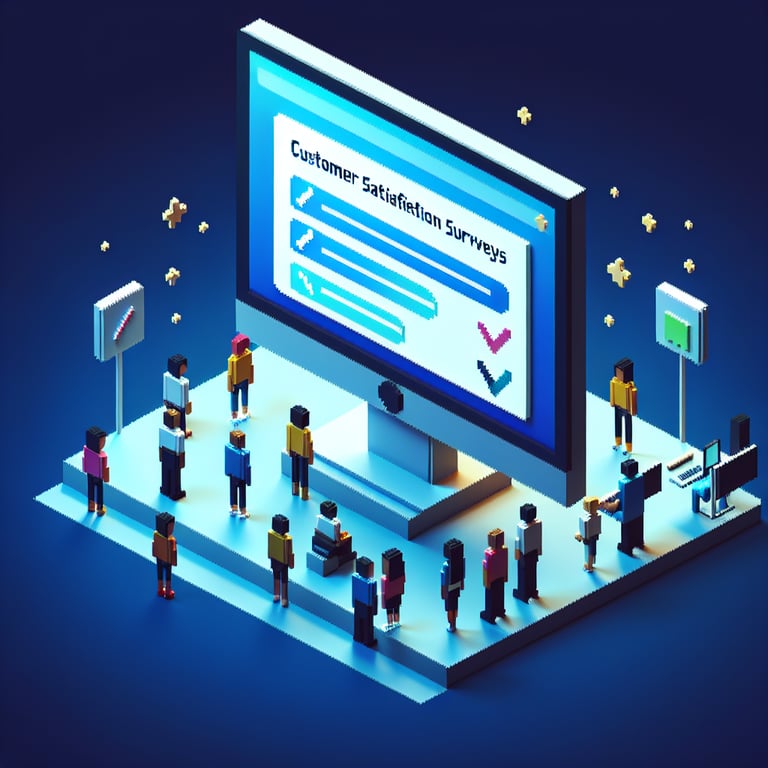 3D voxel art depicting online help desk customer satisfaction surveys on a dark blue background.