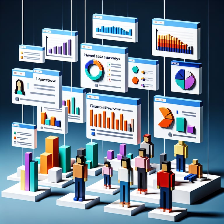 3D voxel art depicting online financial planning surveys on a dark blue background.
