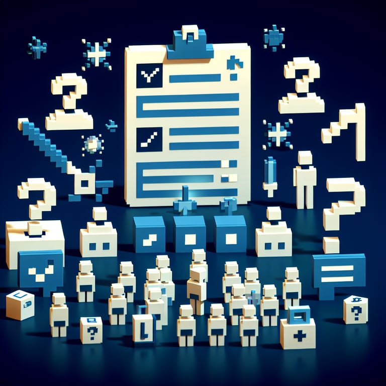 3D voxel art depicting online employee exit surveys on a dark blue background.