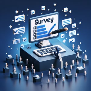 3D voxel art depicting the concept of online after-call surveys on a dark blue background.